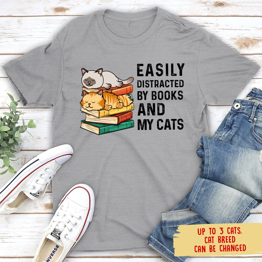 Easily Distracted By Books & Cats - Personalized Custom Unisex 5.3 oz T-shirt for Pet Lovers