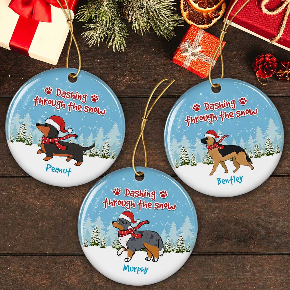Dashing Through The Snow - Personalized Custom 3-Inch Diameter Circle Ceramic Christmas Ornament for Pet Lovers