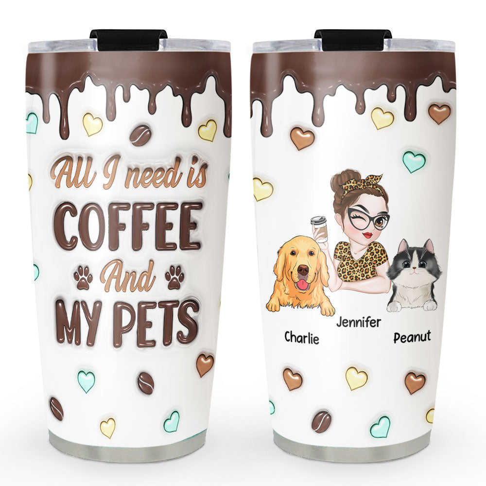 Personalized Custom 3D Inflated Coffee and Pet Themed Tumbler - 20oz High - Quality Stainless Steel