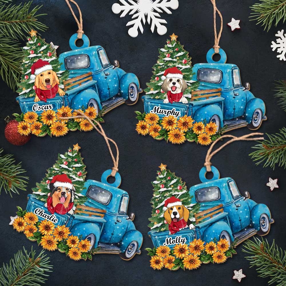 Blue Car Peeking Dog - Exquisite Personalized Custom 1-layered Wood Christmas Ornament