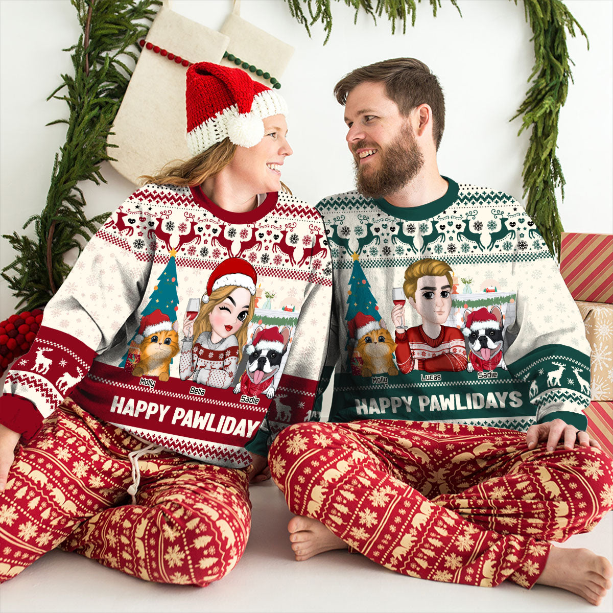 Happy Pawlidays Personalized Custom All-Over-Print Sweatshirt for Fur Moms - 8.8 oz Unisex Polyester Blend