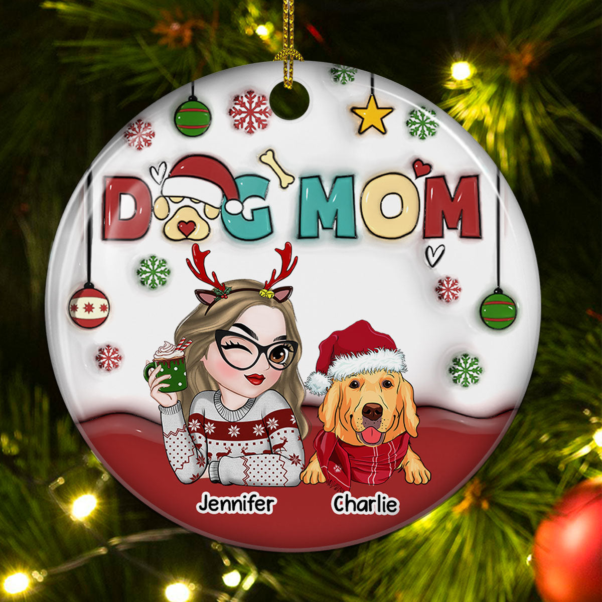 Mom Of Dogs - Exquisite Personalized Custom 3D Inflated Effect Premium White Ceramic Christmas Ornament