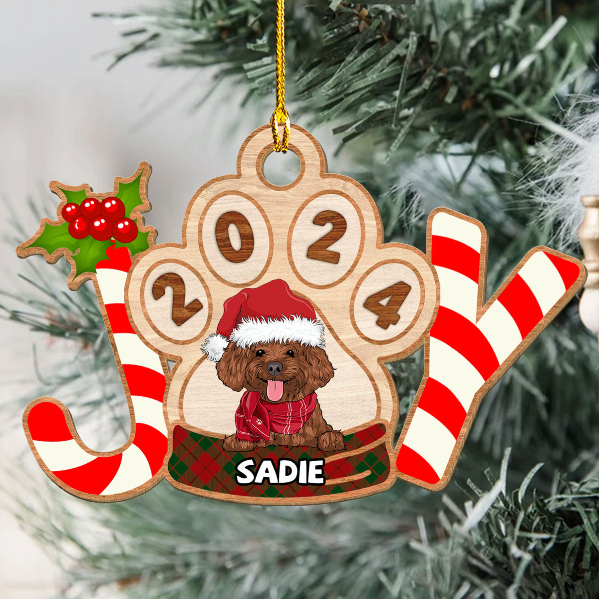 Joyful Dog 2024 - Exquisitely Personalized 1-layered Wood Christmas Ornament for Pet Lovers