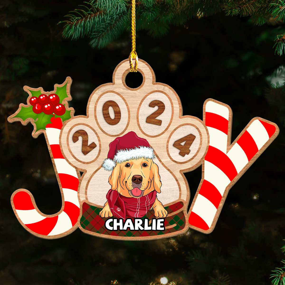 Joyful Dog 2024 - Exquisitely Personalized 1-layered Wood Christmas Ornament for Pet Lovers