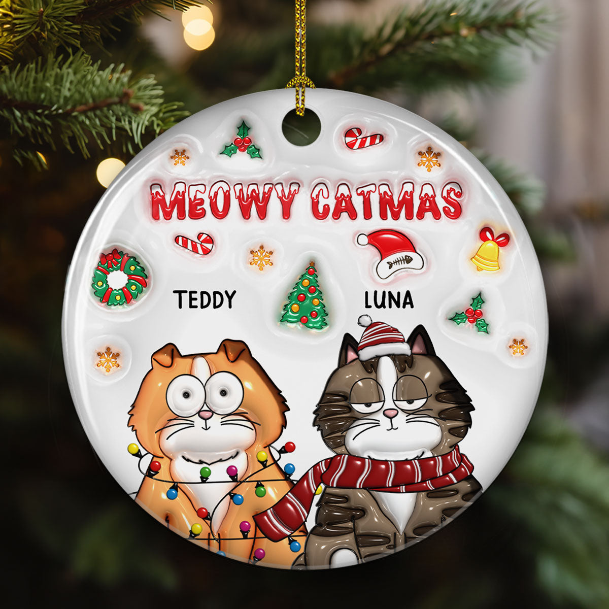 Meow Catmas - Exquisite Personalized Custom 3D Inflated Effect Premium White Ceramic Christmas Ornament