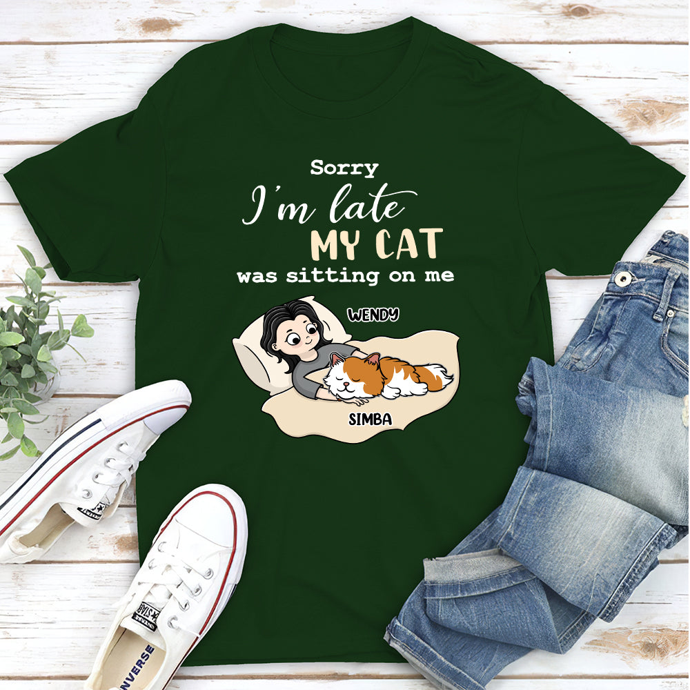 Sorry I'm Late Sleeping Cat - Personalized Custom Unisex 5.3 oz T-shirt for Pet Lovers