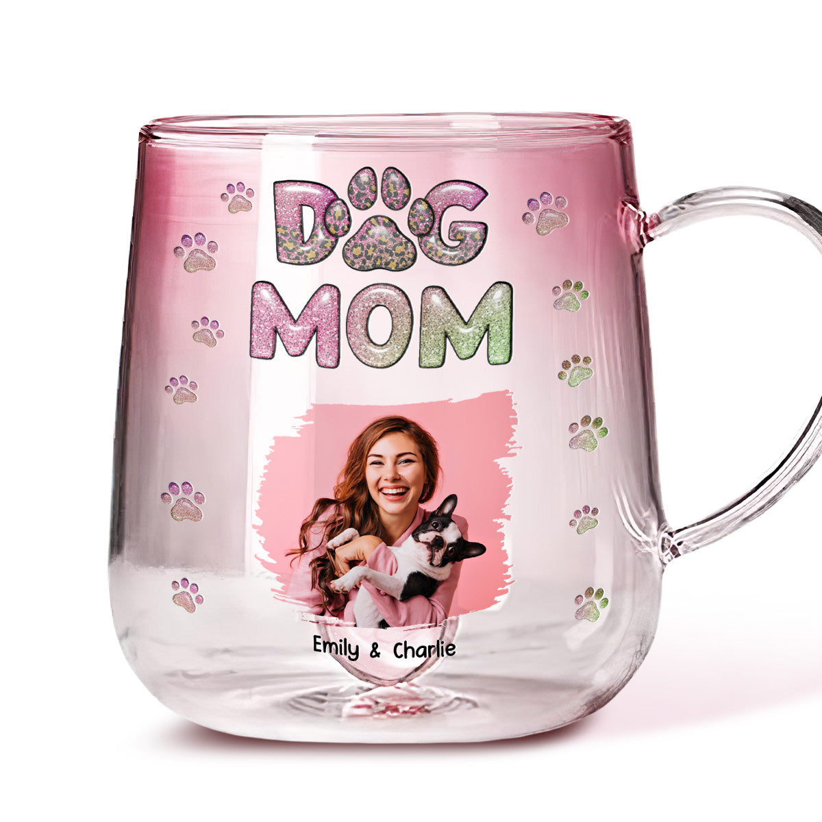 Dog Mom's Adorable Chibi Version Personalized Custom Pink Gradient Glass Mug for Coffee Lovers