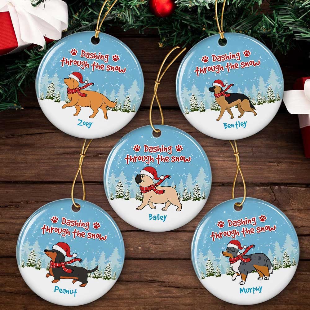 Dashing Through The Snow - Personalized Custom 3-Inch Diameter Circle Ceramic Christmas Ornament for Pet Lovers
