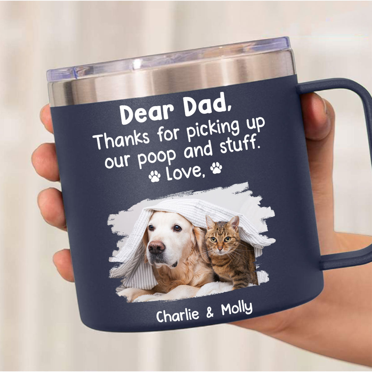 Personalized 14oz Stainless Steel Tumbler with Handle - 'Thanks For Being My Human Servant' Photo Customization