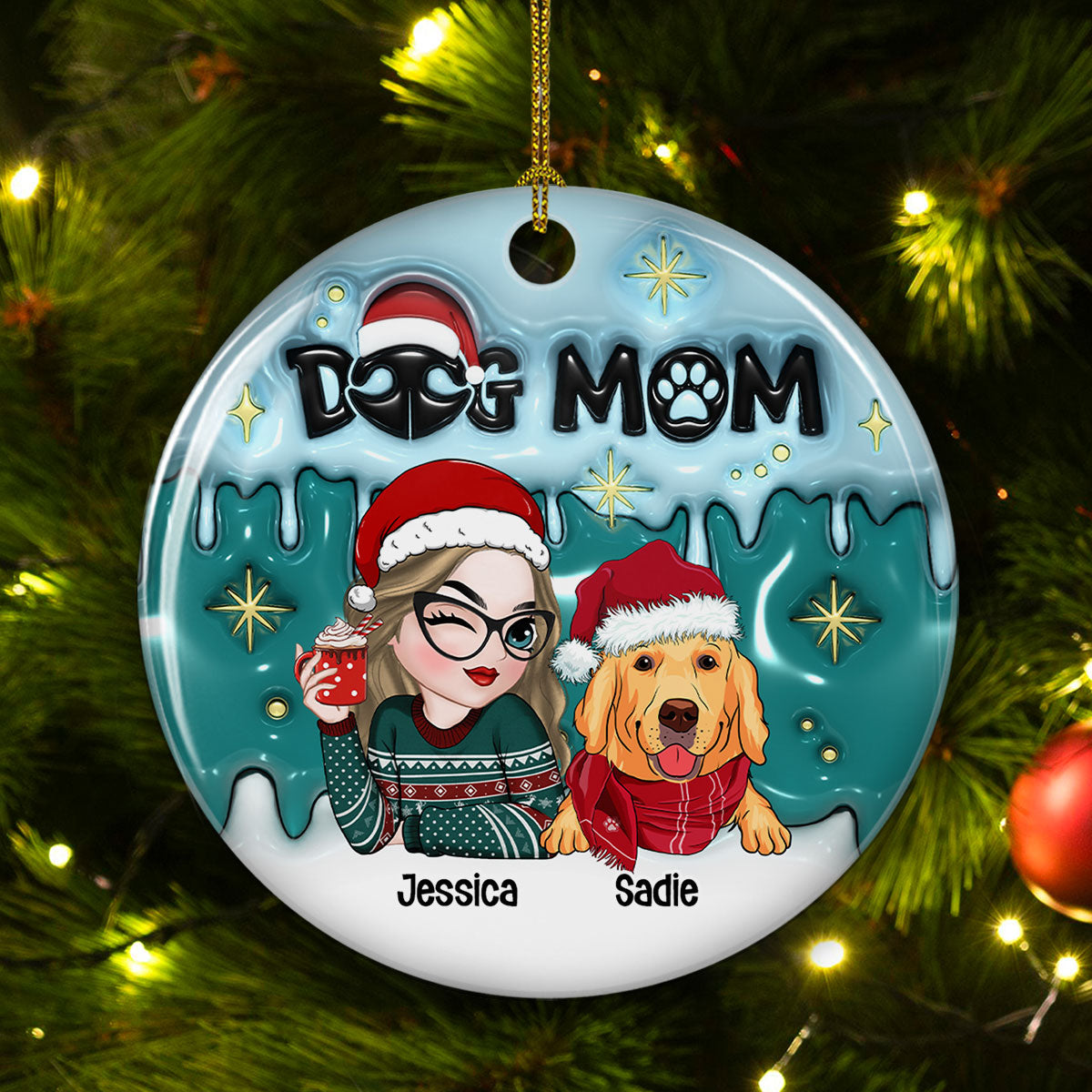 Holiday with Dog Mom - Personalized Custom 3D Inflated Effect Premium White Ceramic Christmas Ornament (3' Diameter)