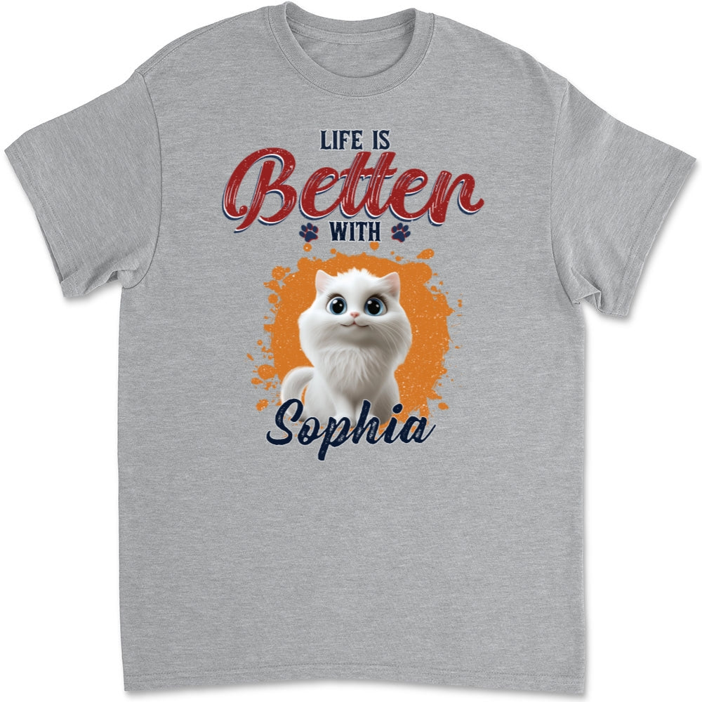 Better Life With My Cat - Personalized Custom Unisex Heavy Cotton T-shirt for Pet Lovers