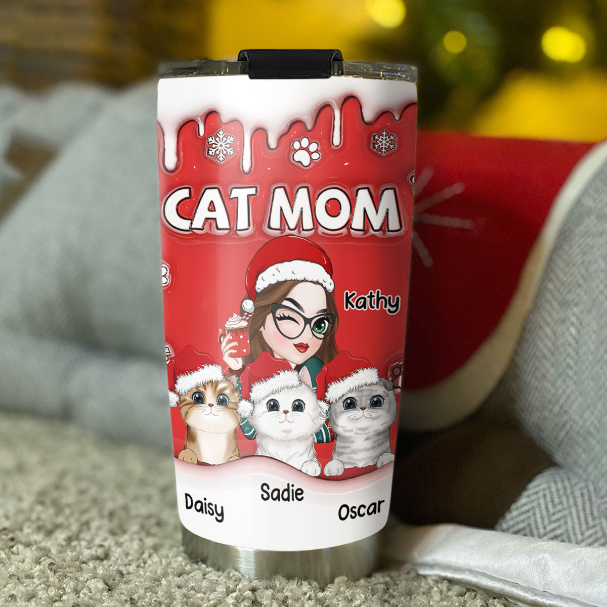 Unique Christmas Mom Of Cats Personalized Custom 3D Inflated Effect 20oz Stainless Steel Tumbler