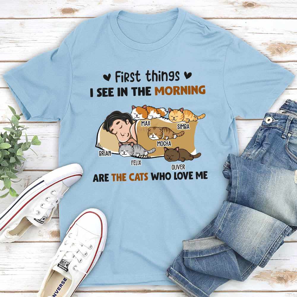 Morning First Thing Personalized Custom Unisex Cat Lover T-shirt - 5.3 oz
