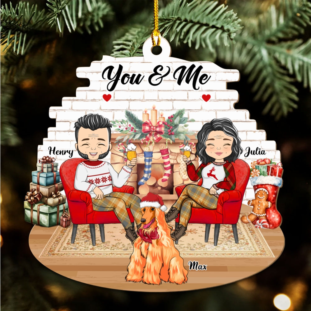 Customizable Couple And Dogs Personalized Wood Christmas Ornament