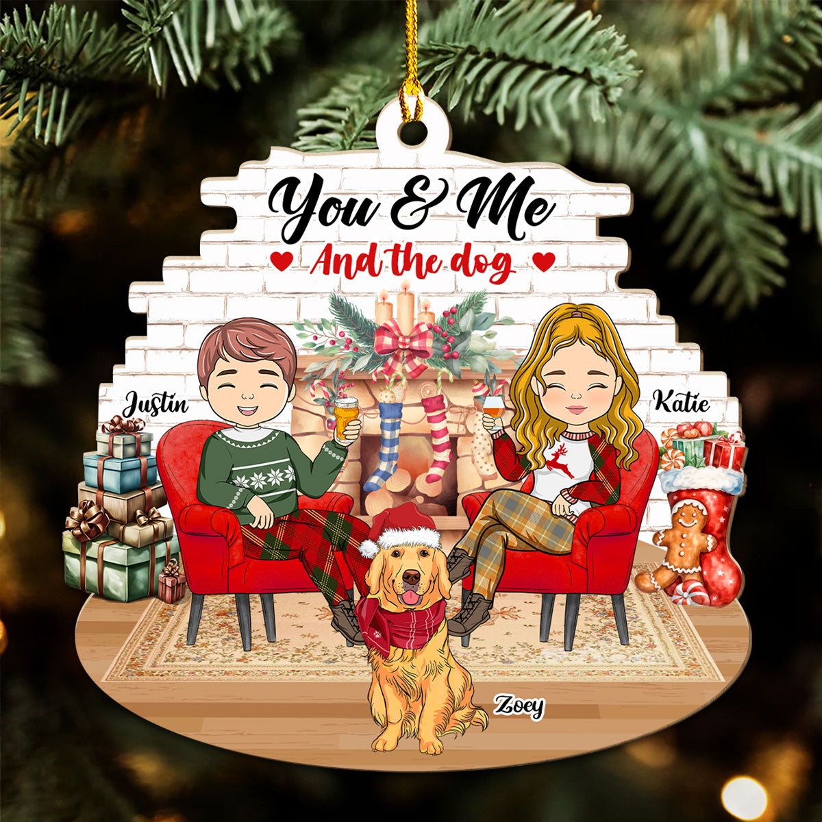 Customizable Couple And Dogs Personalized Wood Christmas Ornament