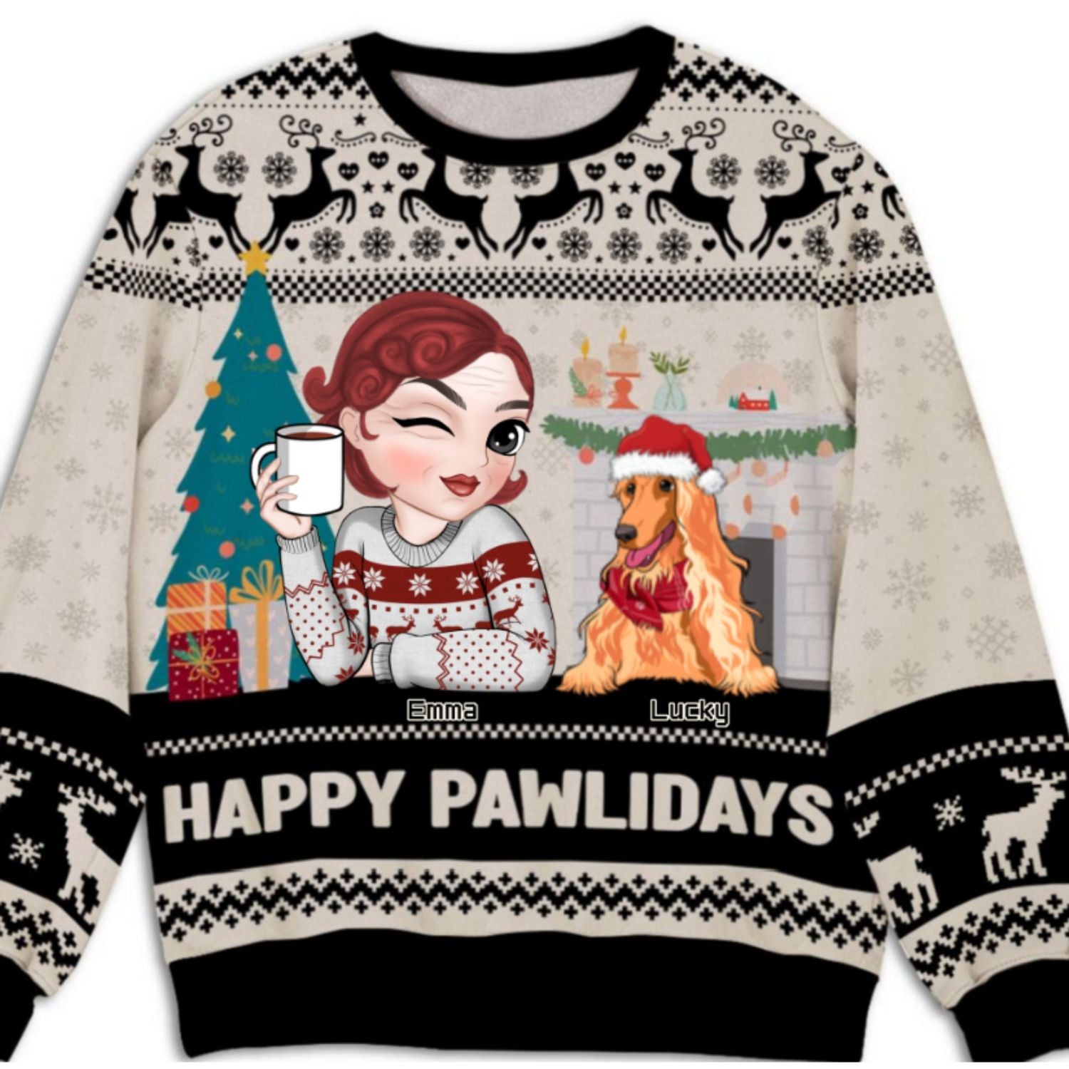 Happy Pawlidays Personalized Custom All-Over-Print Sweatshirt for Fur Moms - 8.8 oz Unisex Polyester Blend