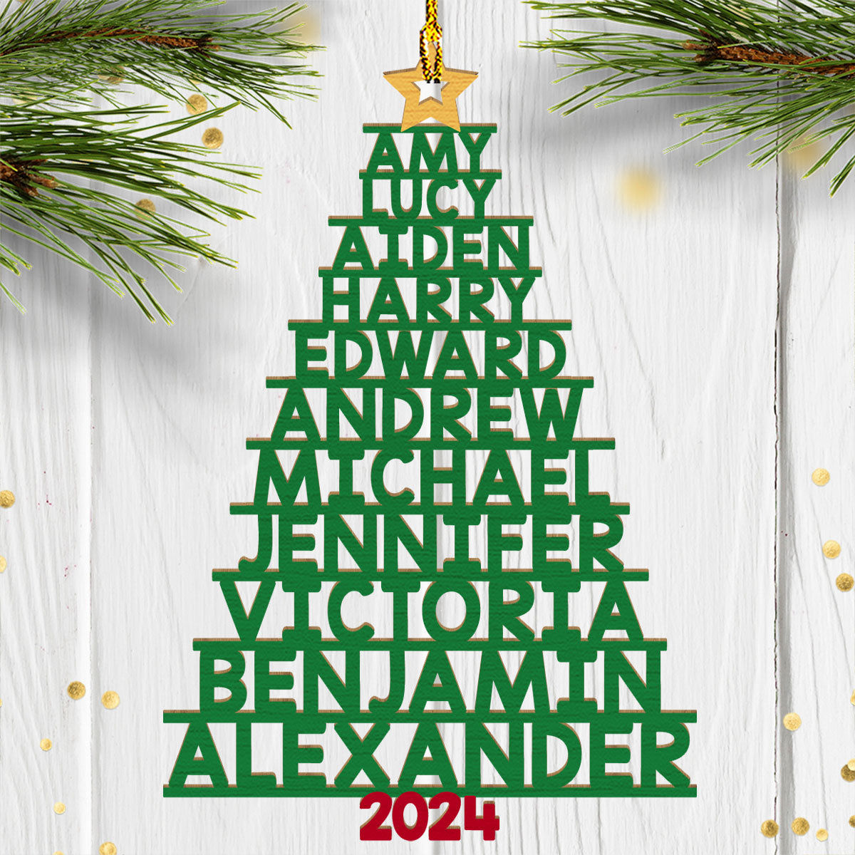 Customizable Family Names Christmas Tree Personalized 1 - Layered Wood Ornament (Version for 11 - 14 Names)
