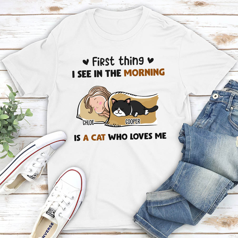 Morning First Thing Personalized Custom Unisex Cat Lover T-shirt - 5.3 oz
