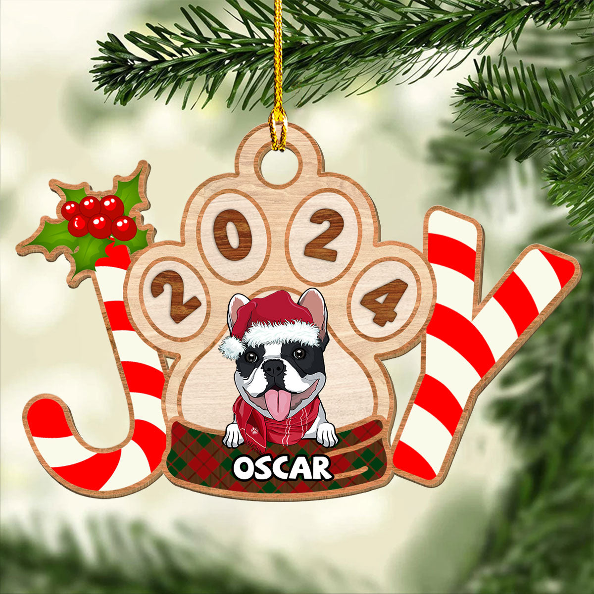 Joyful Dog 2024 - Exquisitely Personalized 1-layered Wood Christmas Ornament for Pet Lovers