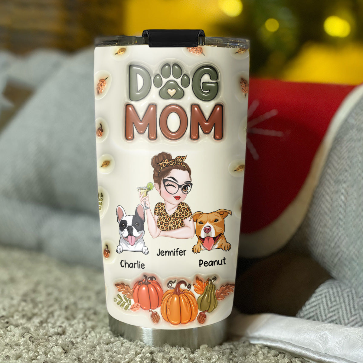 Dog Mom Autumn Edition - Personalized 3D Inflated Effect Custom Tumbler for Ultimate Drink Insulation