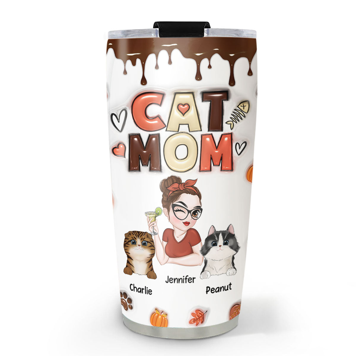 Fall Season Mom of Cats - Personalized 3D Inflated Effect Custom 20oz Stainless Steel Tumbler