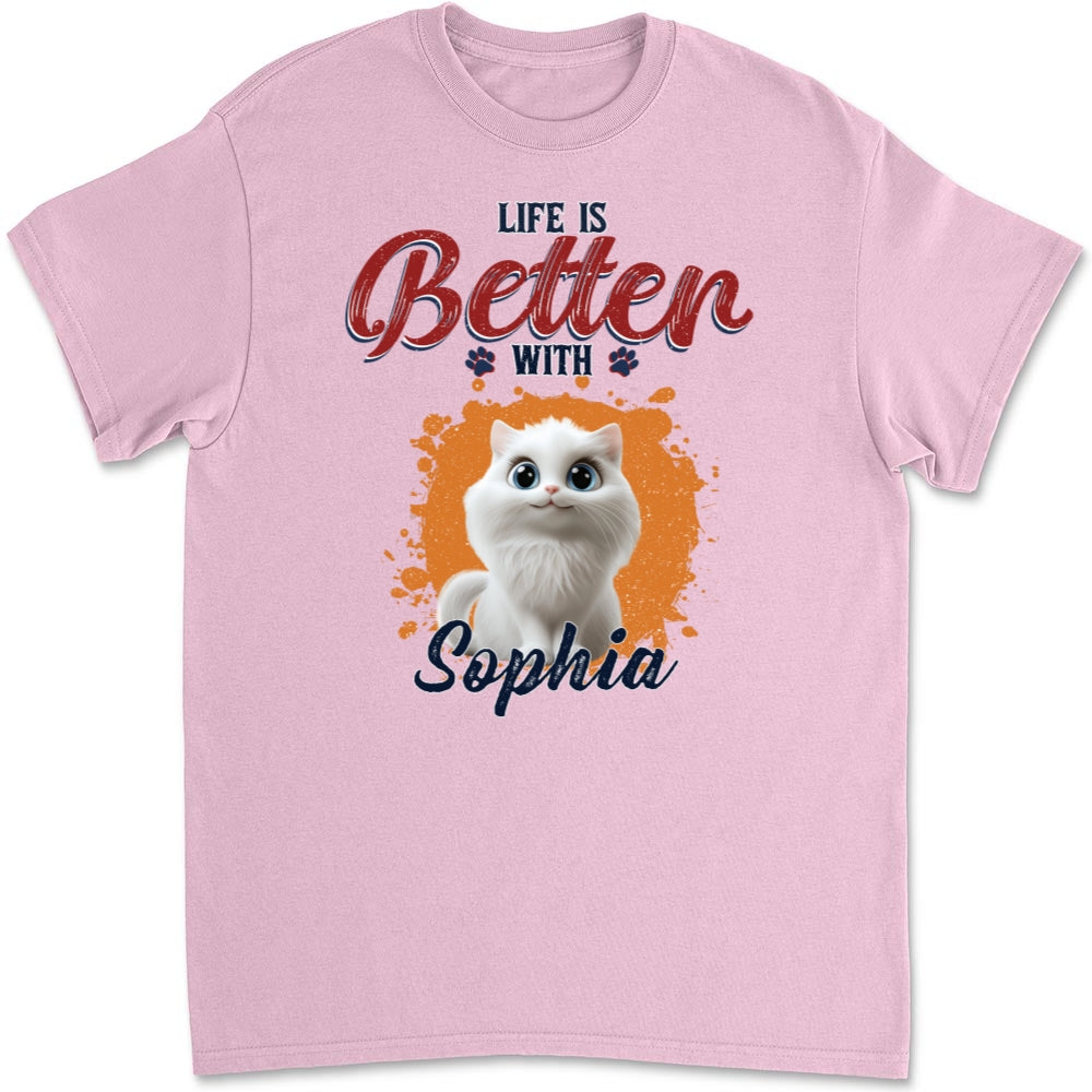 Better Life With My Cat - Personalized Custom Unisex Heavy Cotton T-shirt for Pet Lovers