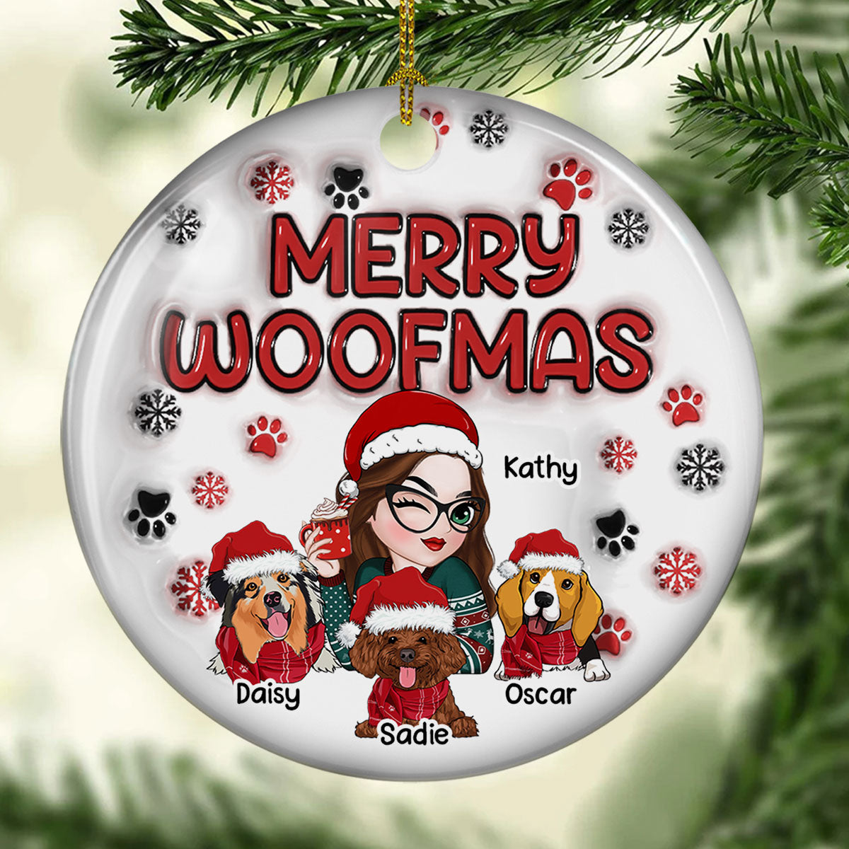 Merry Woofmas Personalized Custom 3D Inflated Effect Premium White Ceramic Dog Mom Christmas Ornament