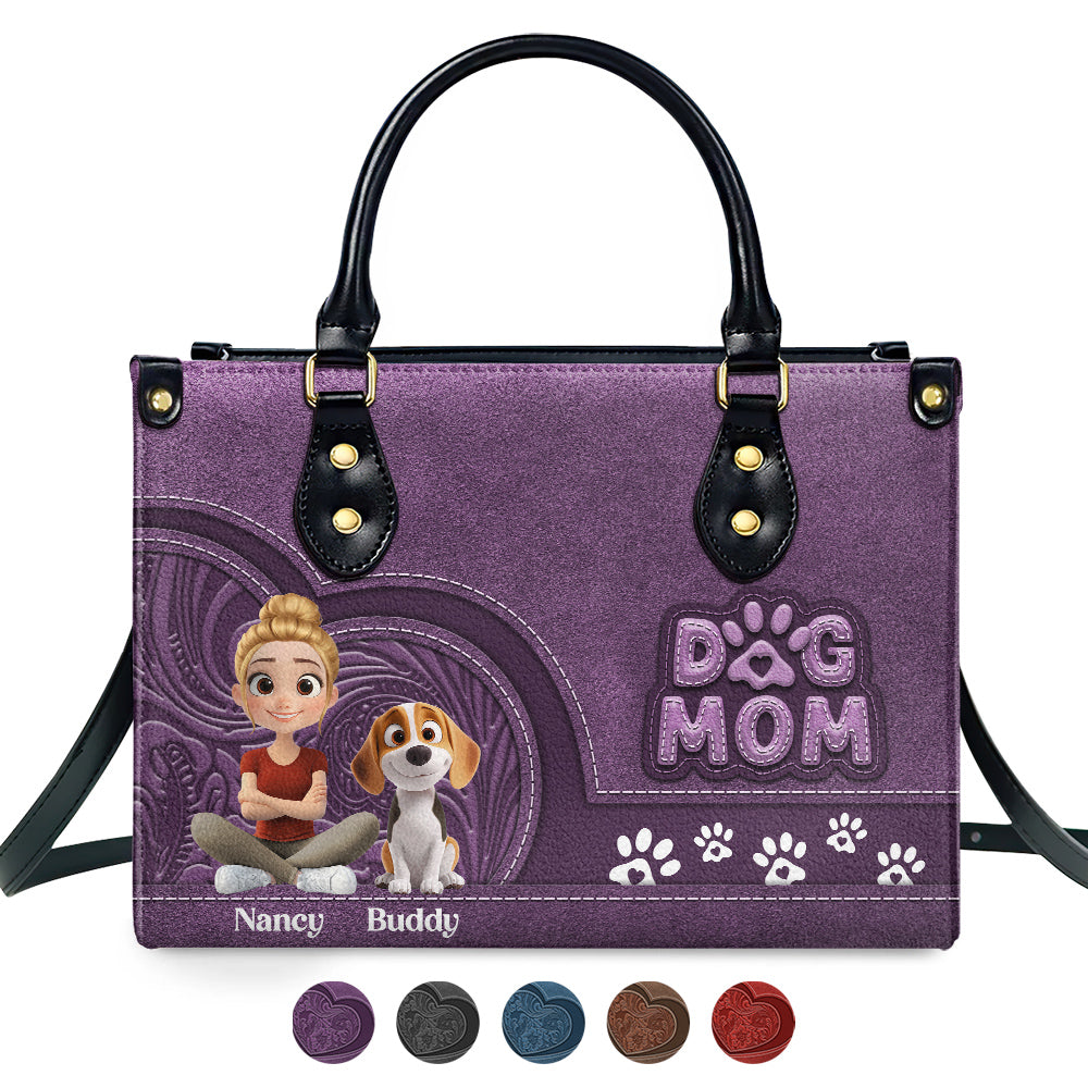 Adorable Chibi Cartoon Dog Mom Personalized Custom Leather Handbag
