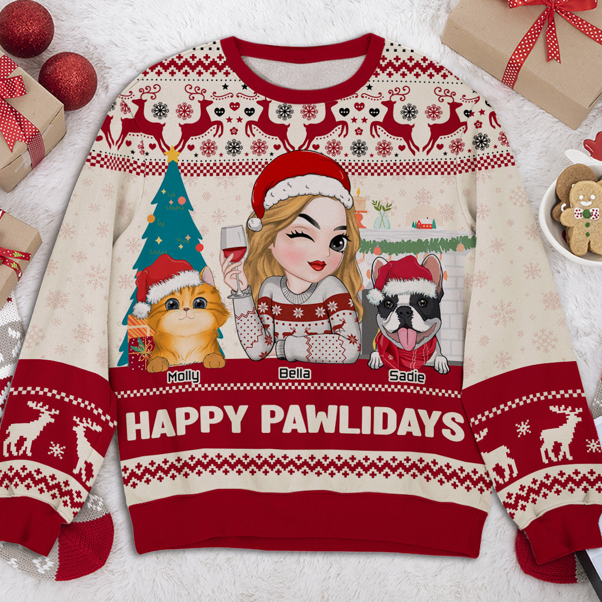 Happy Pawlidays Personalized Custom All-Over-Print Sweatshirt for Fur Moms - 8.8 oz Unisex Polyester Blend