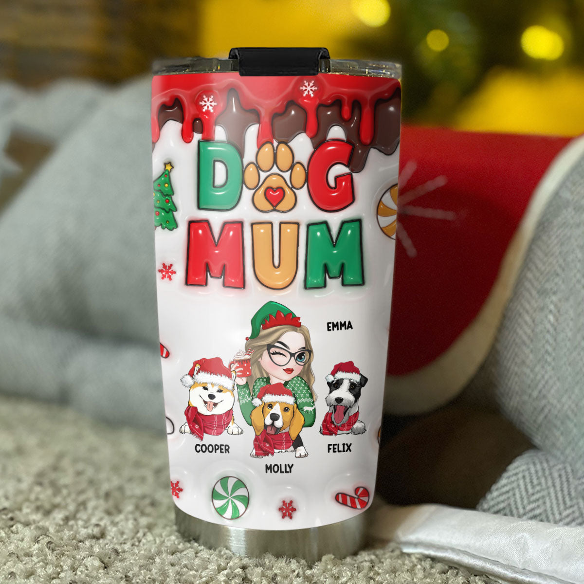 Happy Dog Mom Christmas - Personalized Custom 3D Inflated Effect 20oz Stainless Steel Tumbler