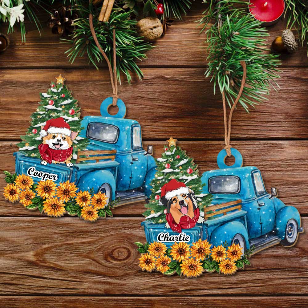 Blue Car Peeking Dog - Exquisite Personalized Custom 1-layered Wood Christmas Ornament