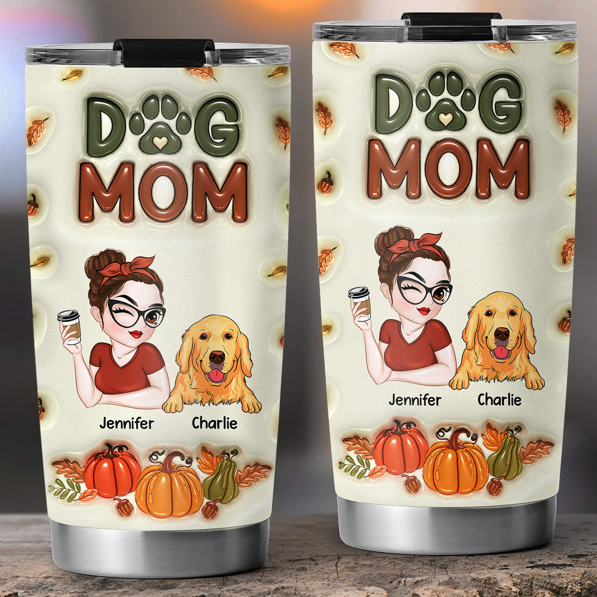 Dog Mom Autumn Edition - Personalized 3D Inflated Effect Custom Tumbler for Ultimate Drink Insulation