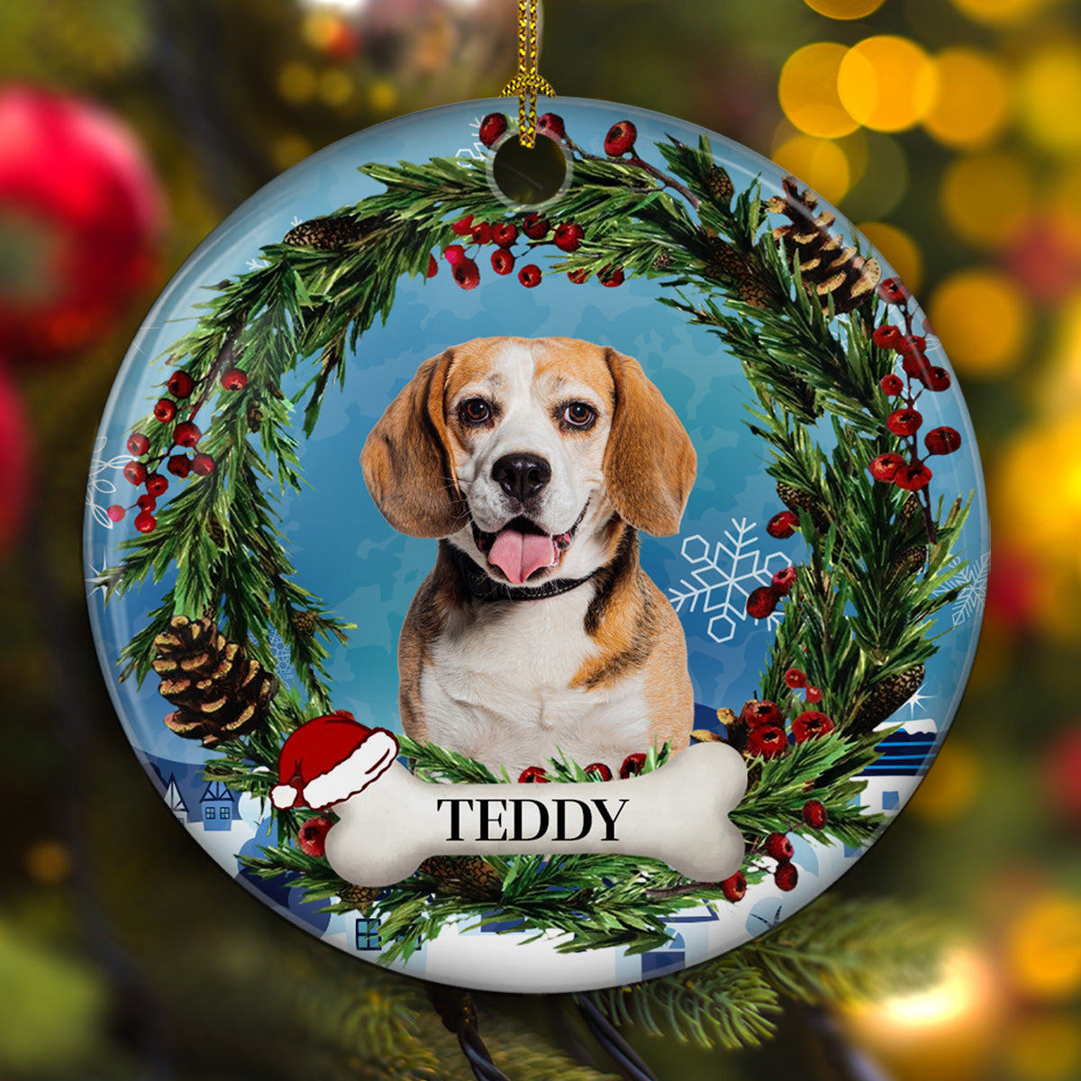 Custom Photo Adorable Pet Face - Personalized Custom Circle Ceramic Christmas Ornament