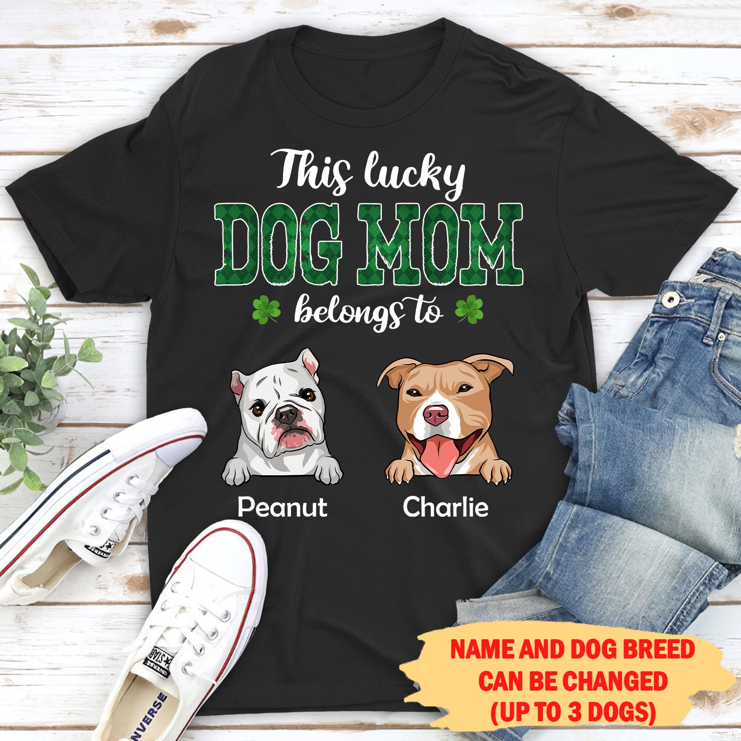This Lucky Dog Mom Belongs To - Personalized Custom Unisex 5.3 oz Heavy Cotton T-shirt