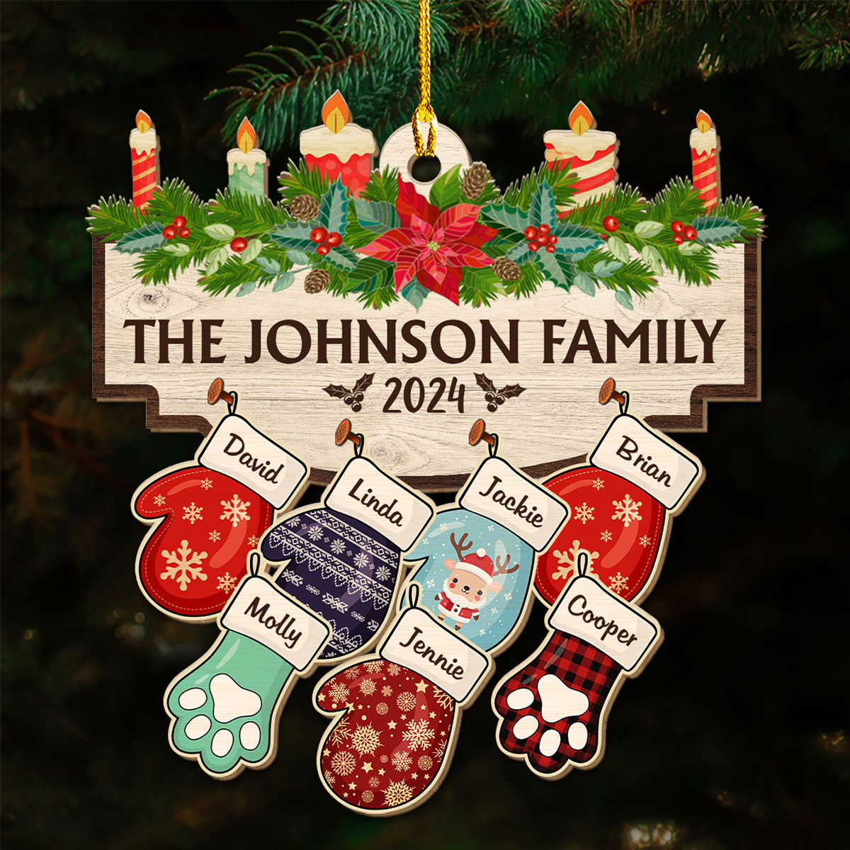 Family With Pet Version 2 - Customizable Personalized Wooden Christmas Ornament