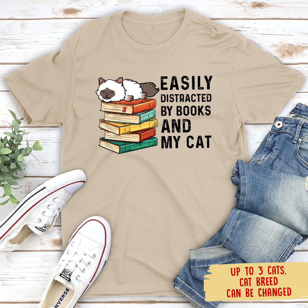 Easily Distracted By Books & Cats - Personalized Custom Unisex 5.3 oz T-shirt for Pet Lovers