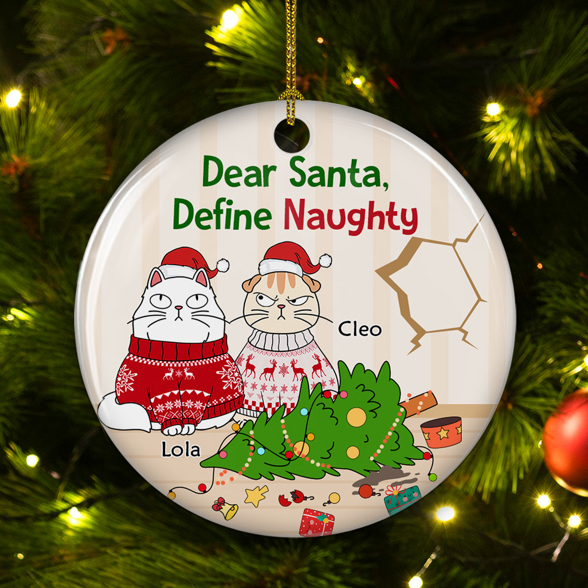 Santa Define Naughty Cats - Premium Personalized Custom Ceramic Christmas Ornament