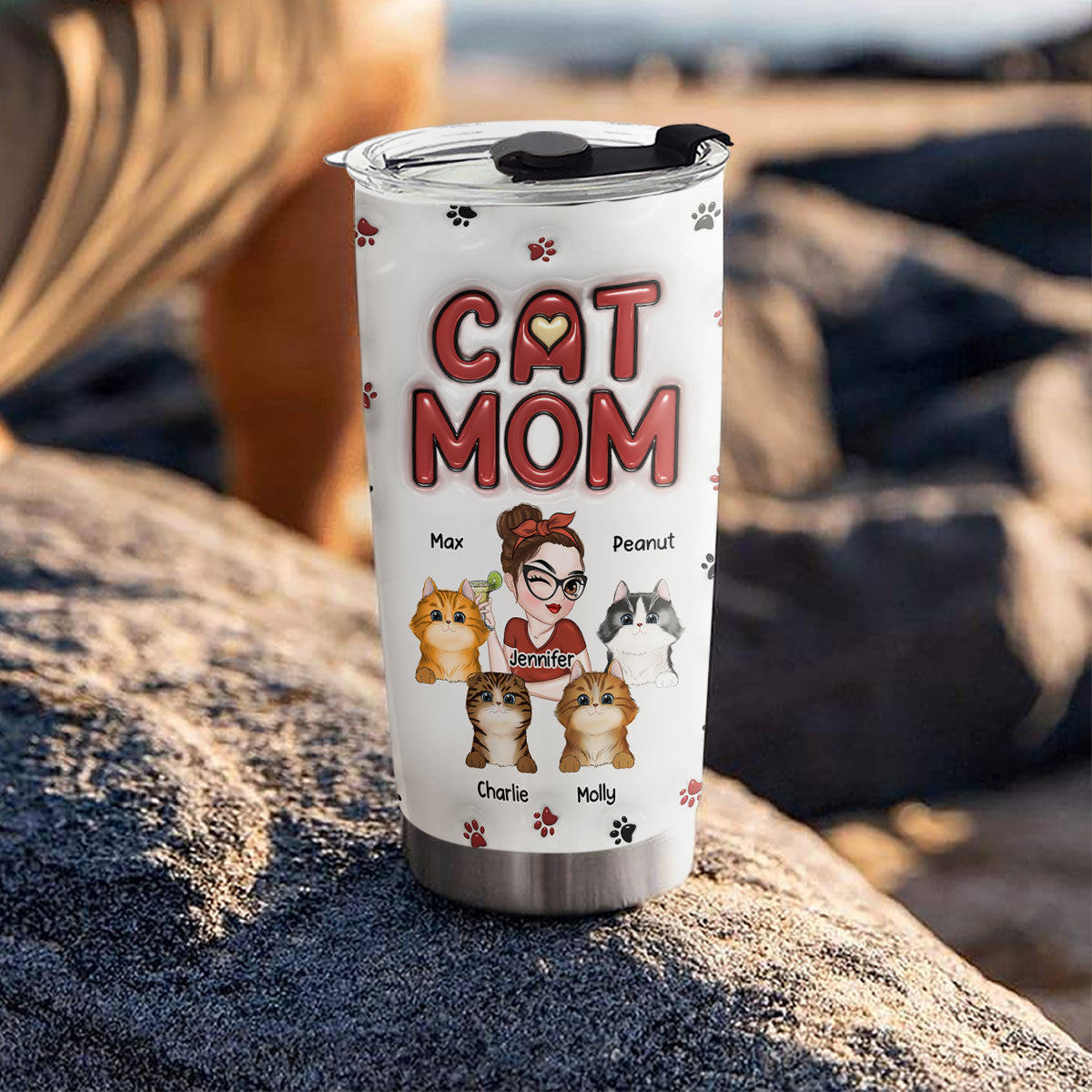 Lovely Cat Mom - Personalized Custom 3D Inflated Effect 20oz Stainless Steel Tumbler for Cold or Hot Drinks
