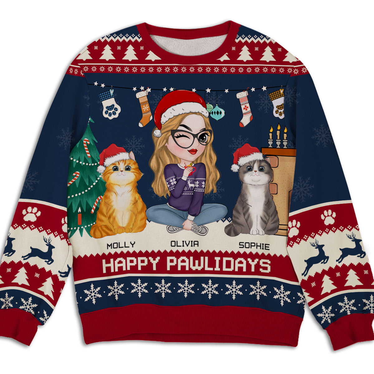 Snowy Pawlidays Cat - Personalized Custom All-Over-Print Unisex 8.8 oz Polyester Blend Sweatshirt