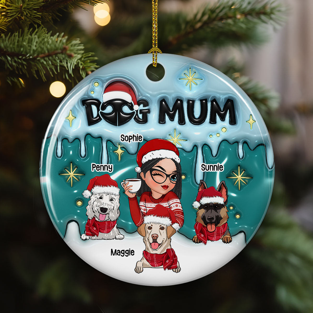 Holiday with Dog Mom - Personalized Custom 3D Inflated Effect Premium White Ceramic Christmas Ornament (3' Diameter)