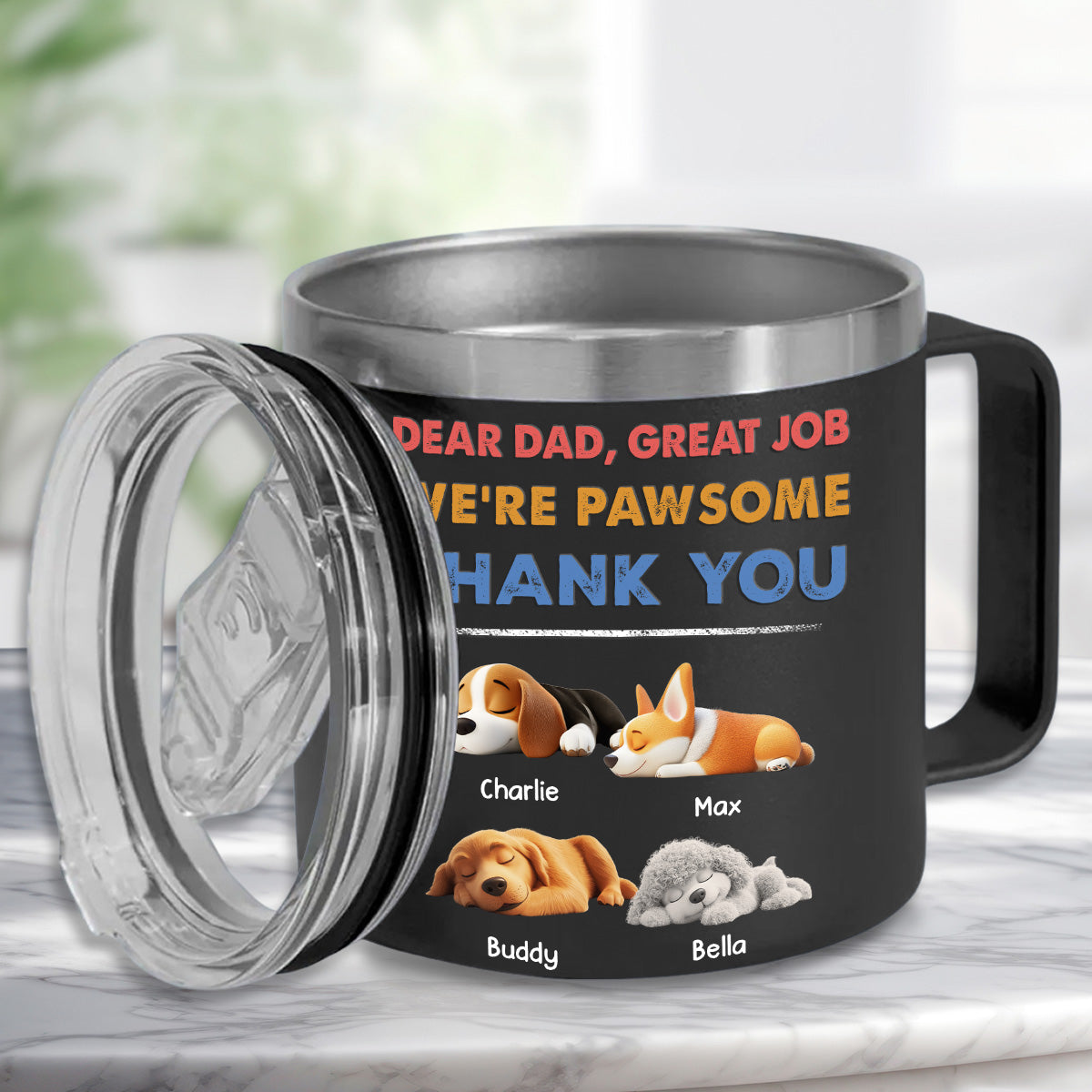 Dear Dad, I'm Pawsome - Personalized 14oz Custom Stainless Steel Tumbler with Handle for Cold and Hot Drinks