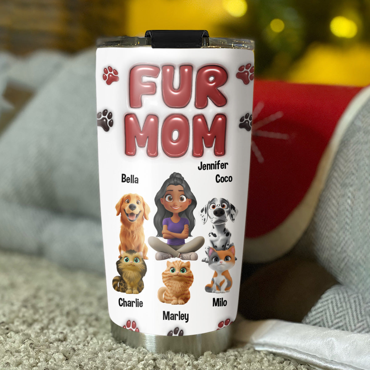 Lovely Fur Mama - Personalized Custom 3D Inflated Effect 20oz Stainless Steel Tumbler for All Occasions