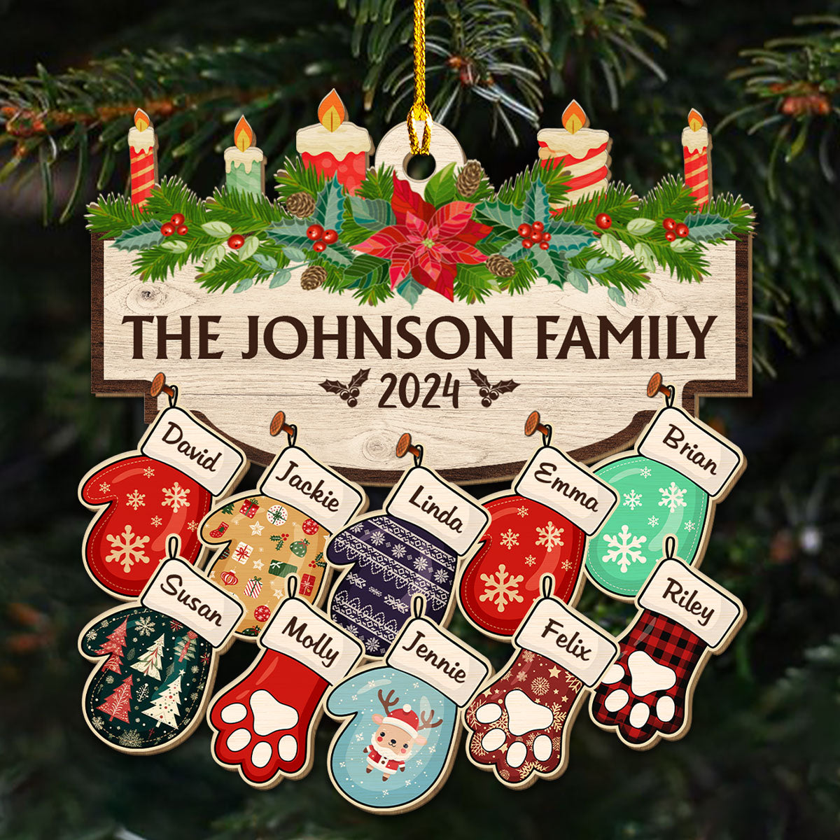 Family With Pet Version 2 - Customizable Personalized Wooden Christmas Ornament