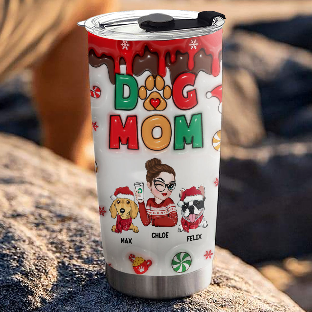 Happy Dog Mom Christmas - Personalized Custom 3D Inflated Effect 20oz Stainless Steel Tumbler