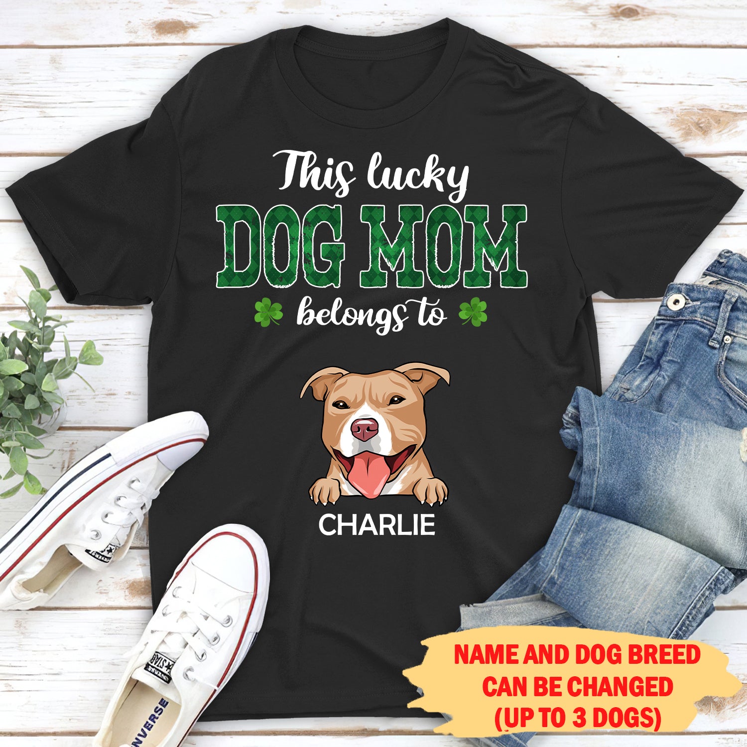 This Lucky Dog Mom Belongs To - Personalized Custom Unisex 5.3 oz Heavy Cotton T-shirt