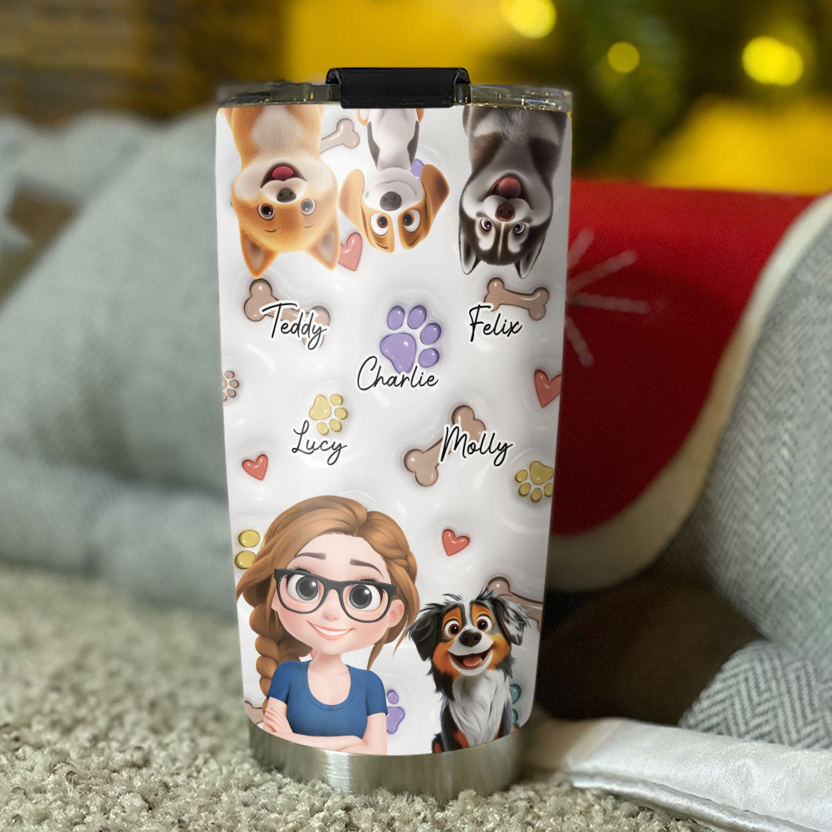 Charming Dogs and Their Mom - Personalized 3D Inflated Effect Custom Tumbler for All Occasions