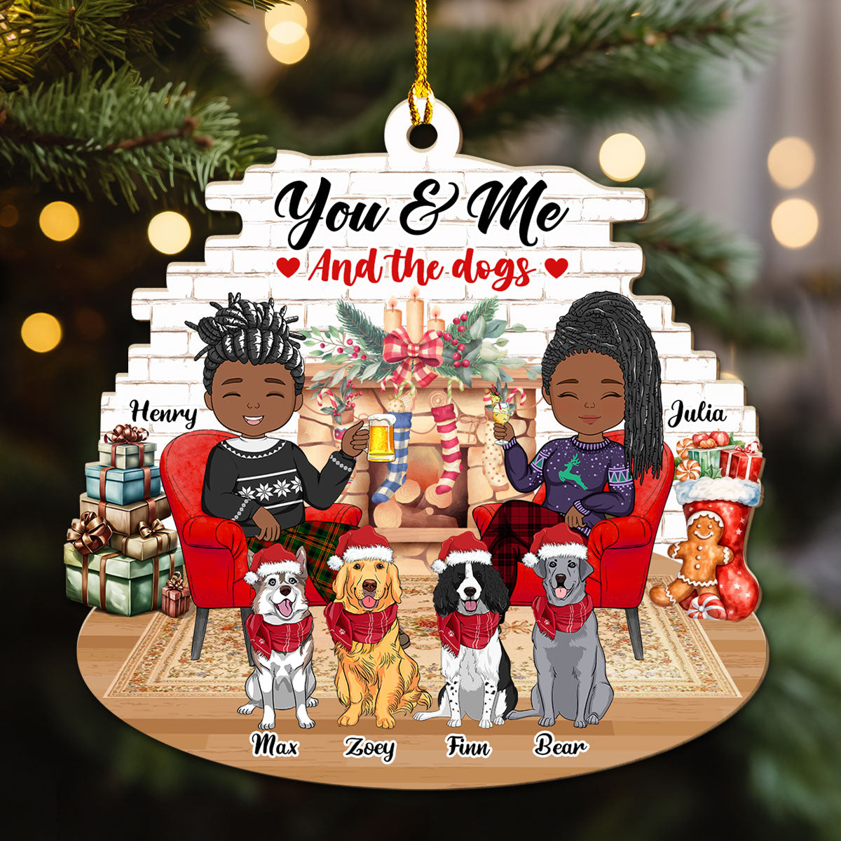 Customizable Couple And Dogs Personalized Wood Christmas Ornament