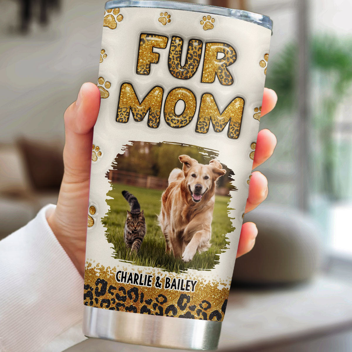 Fur Mom Leopard Personalized Custom 3D Inflated Effect Stainless Steel 20oz Tumbler