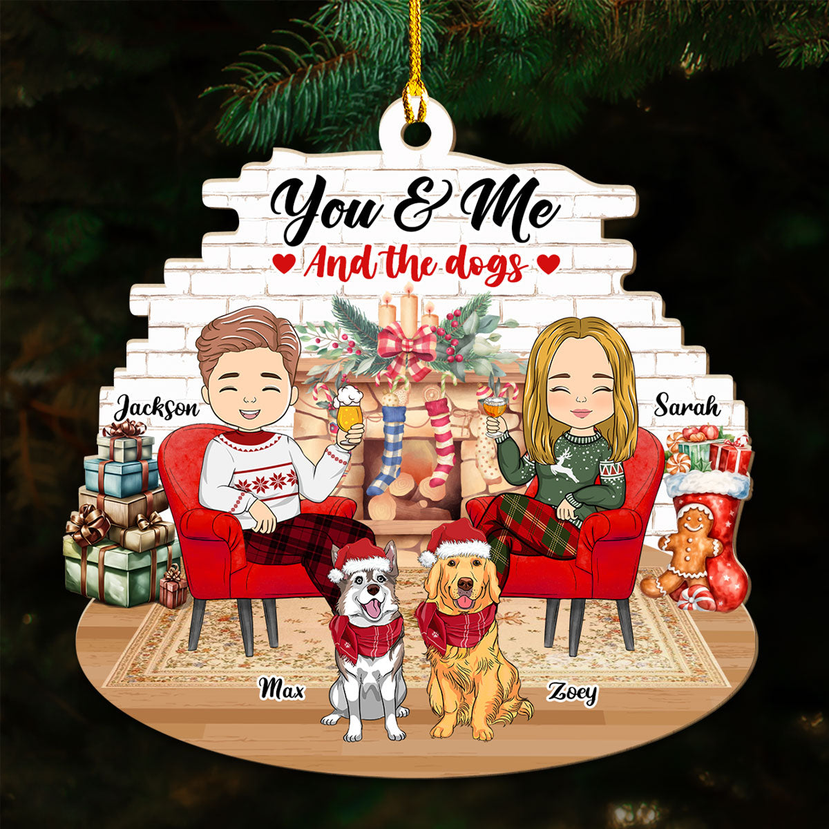 Customizable Couple And Dogs Personalized Wood Christmas Ornament