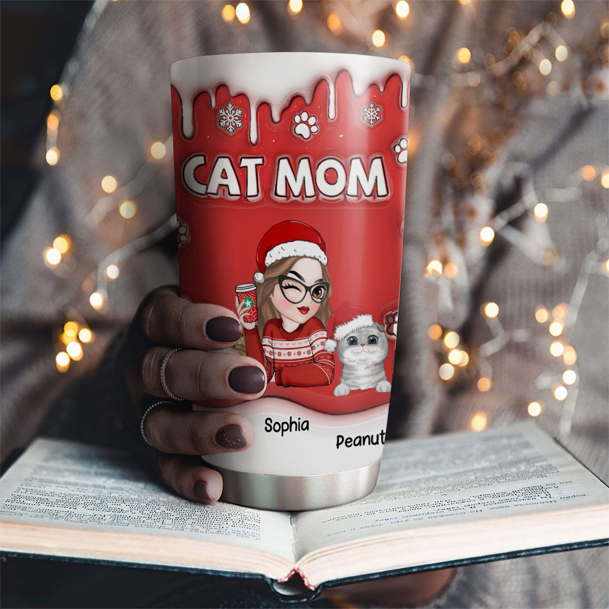 Unique Christmas Mom Of Cats Personalized Custom 3D Inflated Effect 20oz Stainless Steel Tumbler